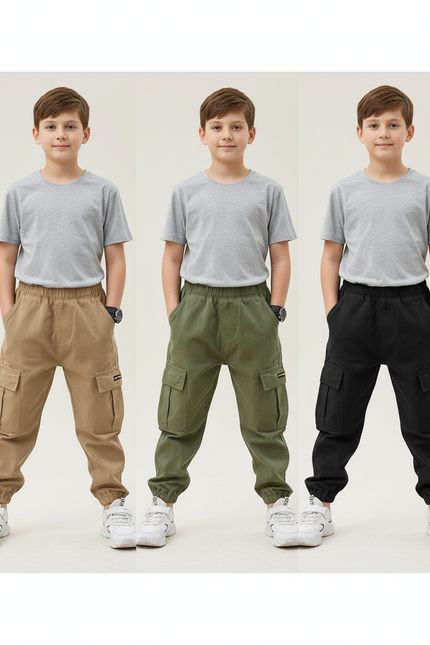 Pantalon Parachute Cargo Ample Coton Garçon Décontracté - Kaki
