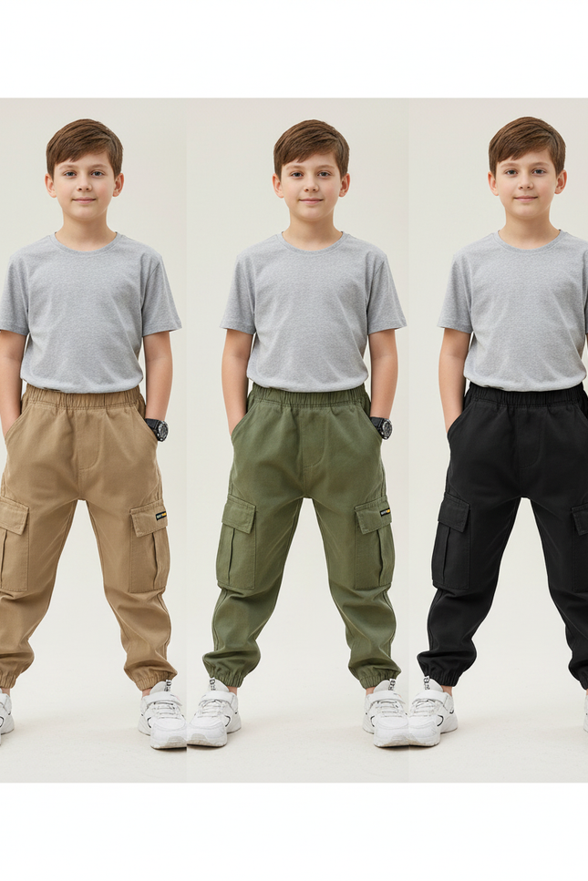 Pantalon Parachute Cargo Ample Coton Garçon Décontracté - Kaki