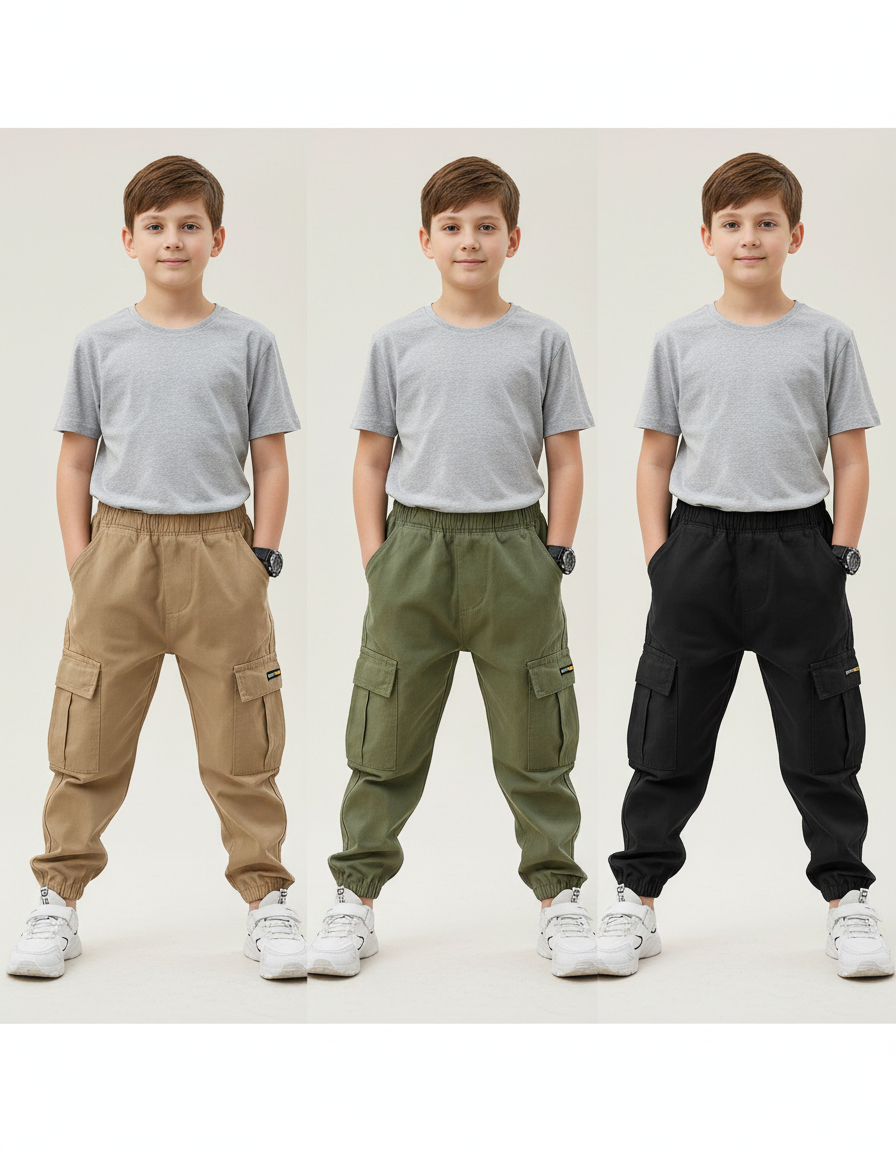 Pantalon Parachute Cargo Ample Coton Garçon Décontracté - Kaki