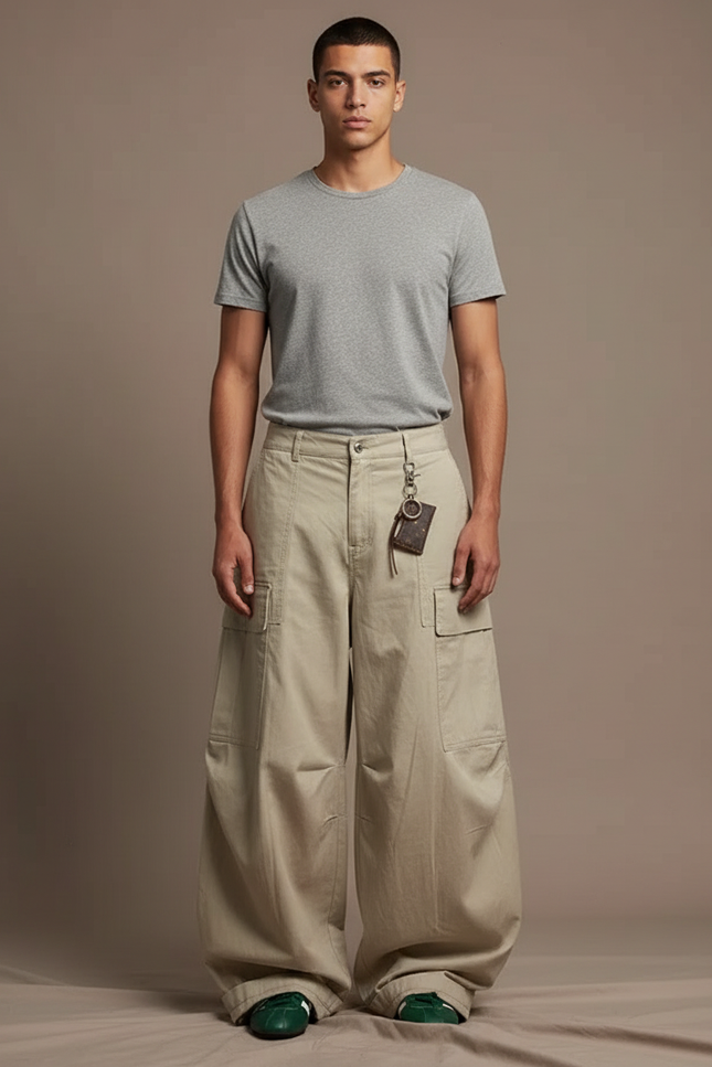 Pantalon Parachute Kaki Ample Cargo Vintage Homme - Toile