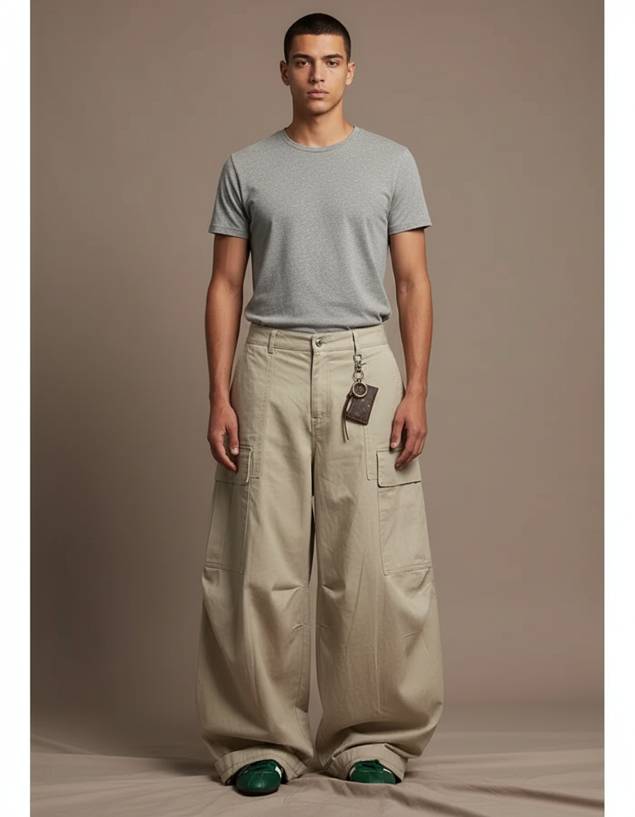 Pantalon Parachute Kaki Ample Cargo Vintage Homme - Toile