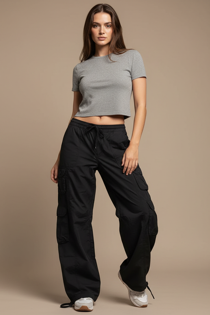 Pantalon Parachute Noir Ample Cargo Streetwear Femme - Toile