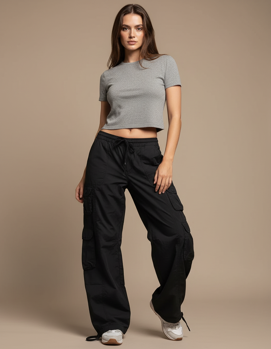 Pantalon Parachute Noir Ample Cargo Streetwear Femme - Toile