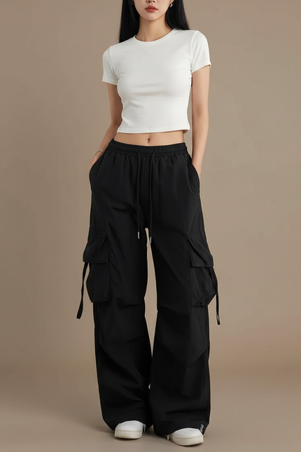 Pantalon Parachute Noir Cargo Ample Décontracté Femme - Polyester