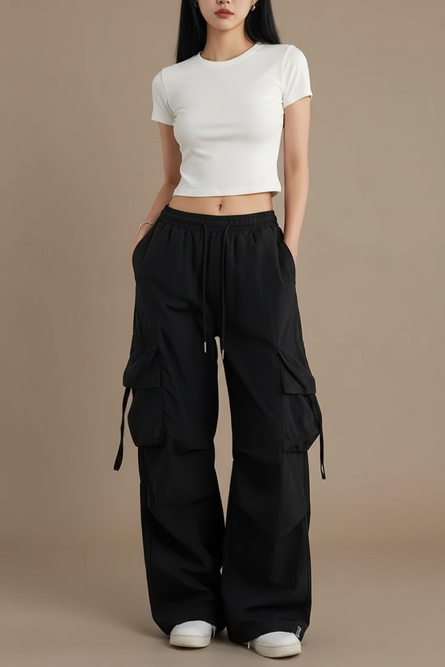 Pantalon Parachute Noir Cargo Ample Décontracté Femme - Polyester