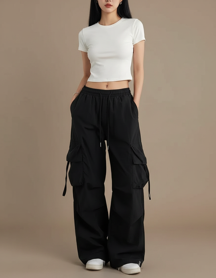 Pantalon Parachute Noir Cargo Ample Décontracté Femme - Polyester