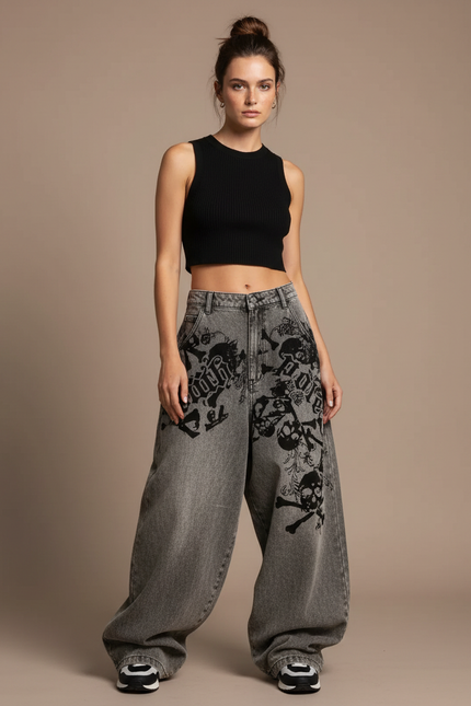 Pantalon Parachute Gris Délavé Ample Crânes Gothique - Jean