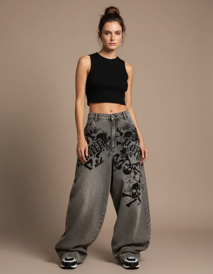 Pantalon Parachute Gris Délavé Ample Crânes Gothique - Jean