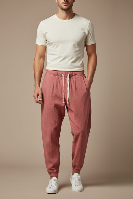 Pantalon Parachute Rouge Brique Coton Lin Ample Homme