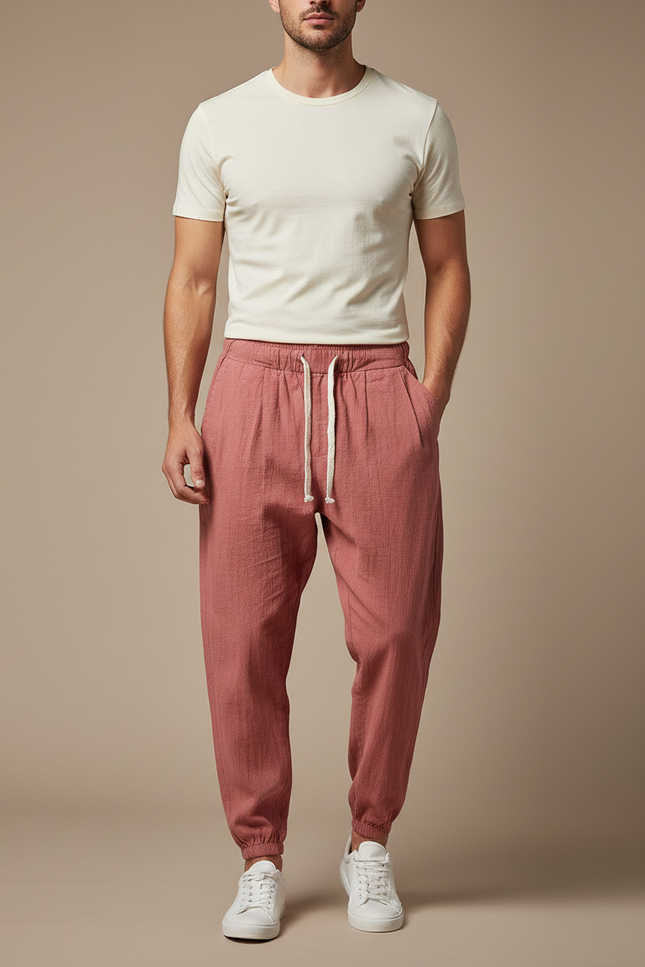 Pantalon Parachute Rouge Brique Coton Lin Ample Homme