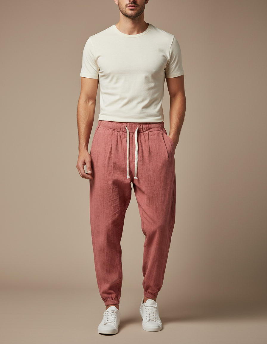 Pantalon Parachute Rouge Brique Coton Lin Ample Homme