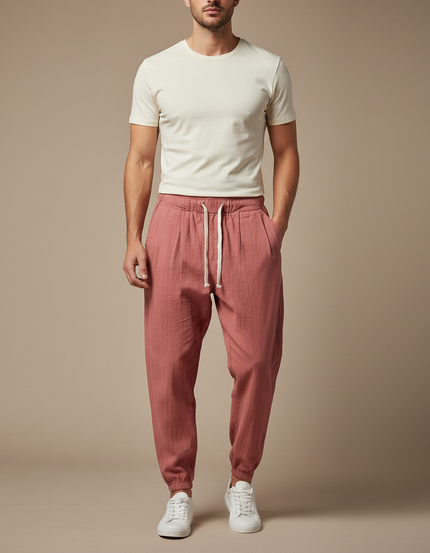 Pantalon Parachute Rouge Brique Coton Lin Ample Homme