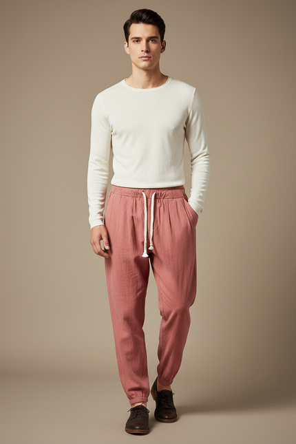 Pantalon Parachute Saumon Lin Décontracté Ample Homme - Rose