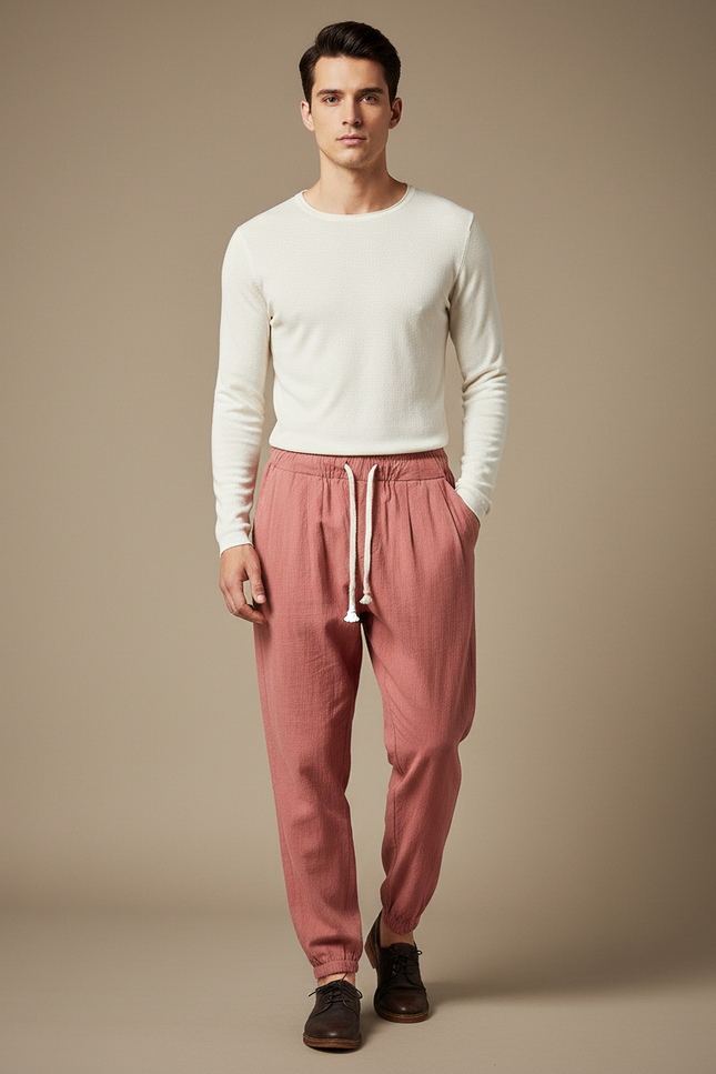 Pantalon Parachute Saumon Lin Décontracté Ample Homme - Rose