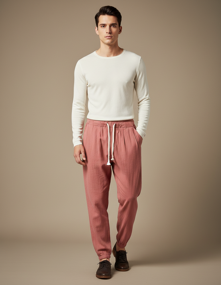 Pantalon Parachute Saumon Lin Décontracté Ample Homme - Rose