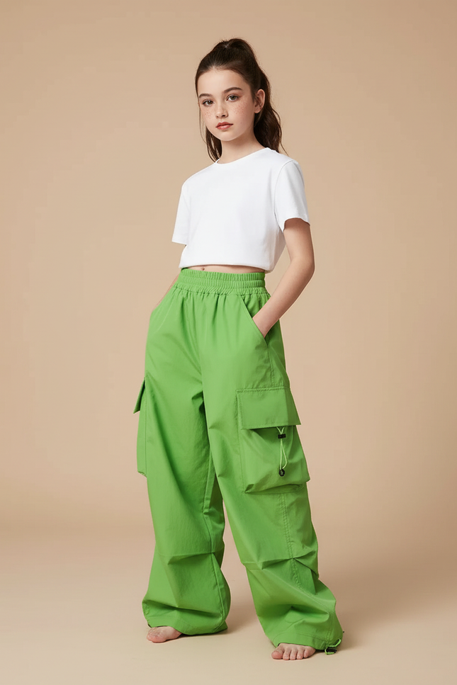 Pantalon Parachute Vert Ample Cargo Fille Décontracté - Polyester