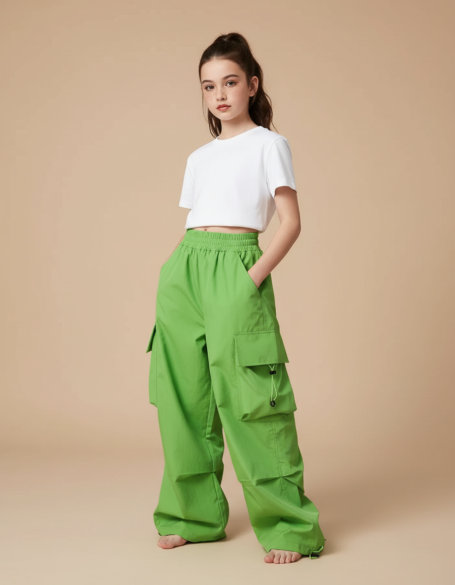 Pantalon Parachute Vert Ample Cargo Fille Décontracté - Polyester