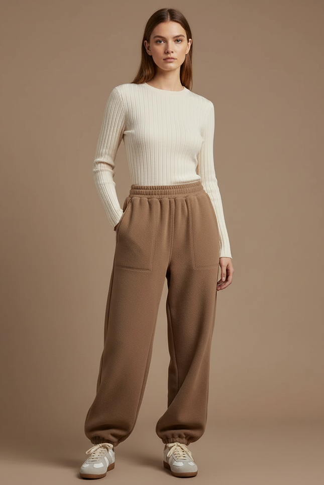 Pantalon Parachute Marron Ample Molletonné Doux Femme