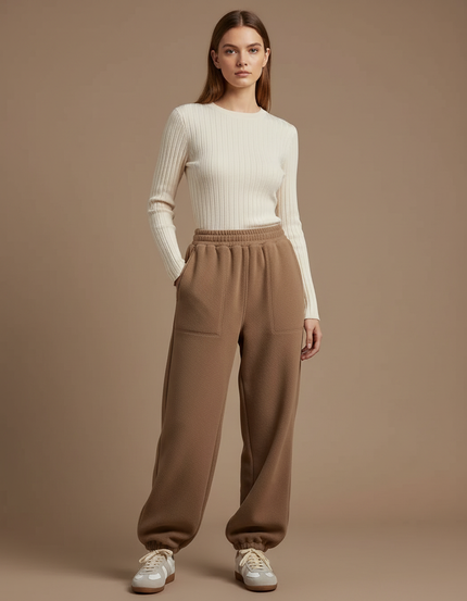 Pantalon Parachute Marron Ample Molletonné Doux Femme