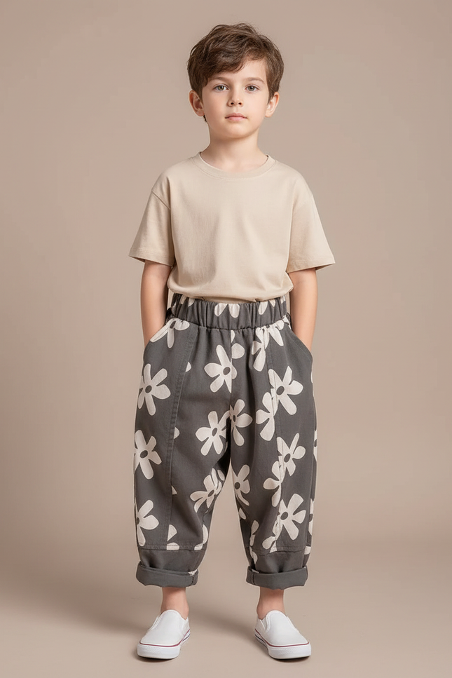 Pantalon Parachute Gris Fleurs Ample Décontracté Garçon - Toile