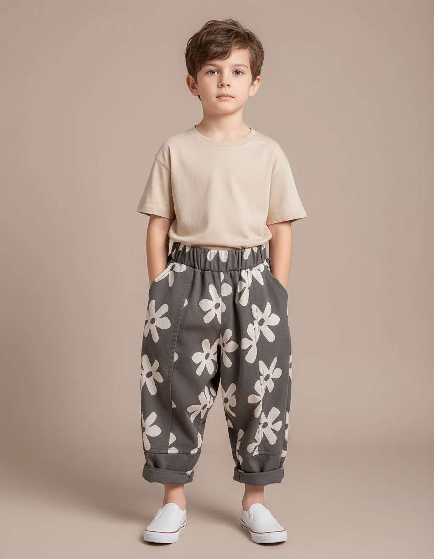 Pantalon Parachute Gris Fleurs Ample Décontracté Garçon - Toile