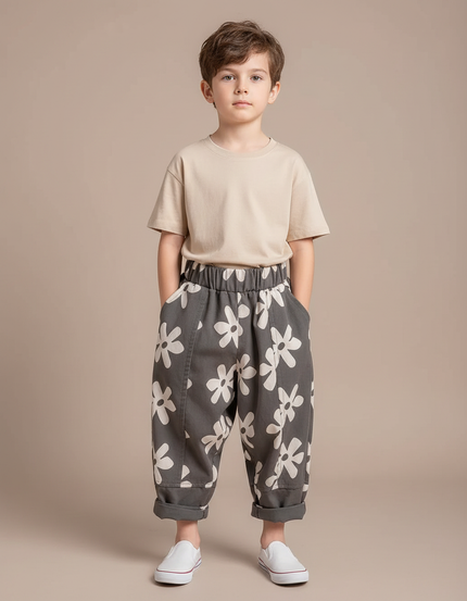 Pantalon Parachute Gris Fleurs Ample Décontracté Garçon - Toile