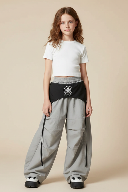 Pantalon Parachute Gris Ample Ceinture Noire Sport - Polyester