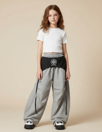 Pantalon Parachute Gris Ample Ceinture Noire Sport - Polyester