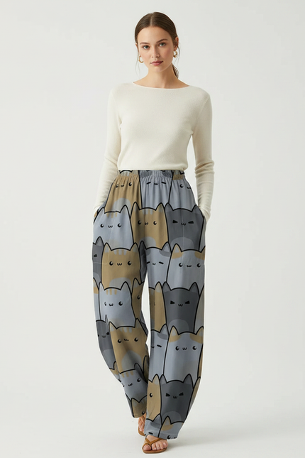 Pantalon Parachute Chats Imprimés Ample Décontracté Fluide - Multicolore Polyester