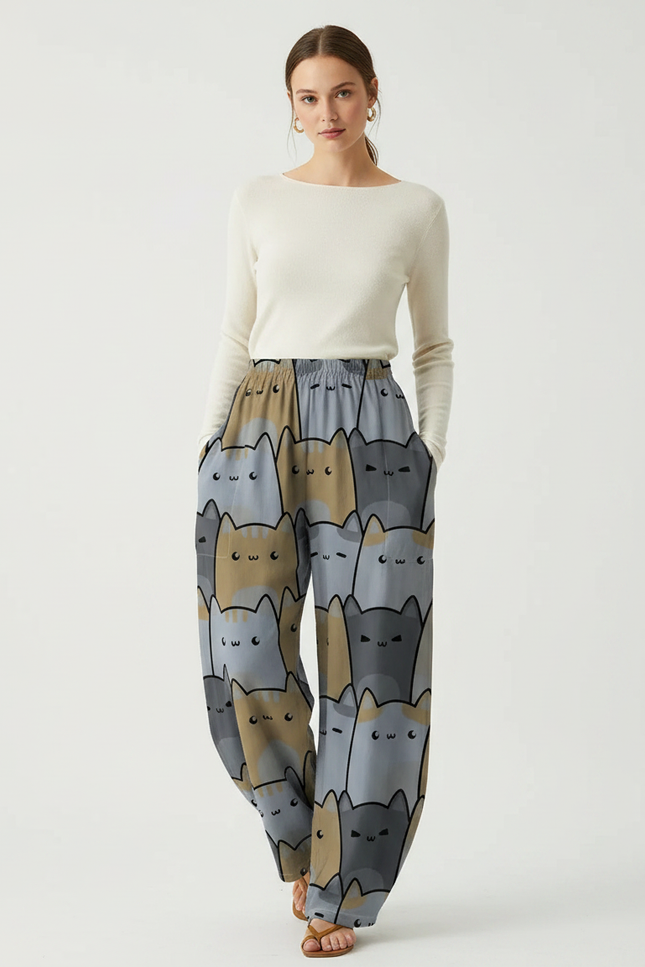 Pantalon Parachute Chats Imprimés Ample Décontracté Fluide - Multicolore Polyester
