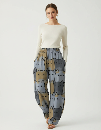Pantalon Parachute Chats Imprimés Ample Décontracté Fluide - Multicolore Polyester