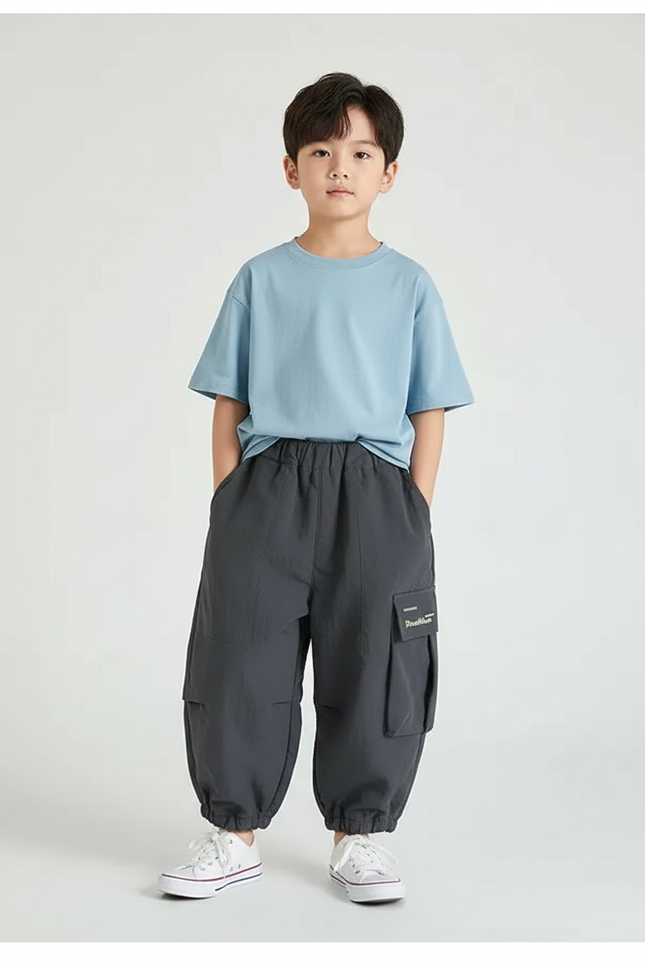 Pantalon Parachute Gris Ample Cargo Garçon Coton - Polyester
