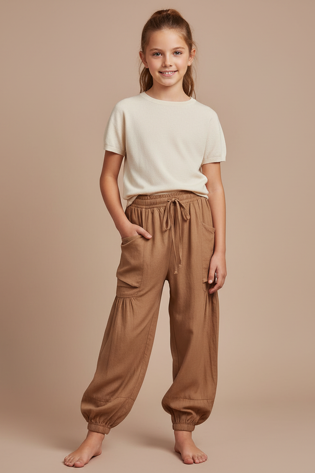 Pantalon Parachute Marron Ample Coton Enfant Décontracté - Lin