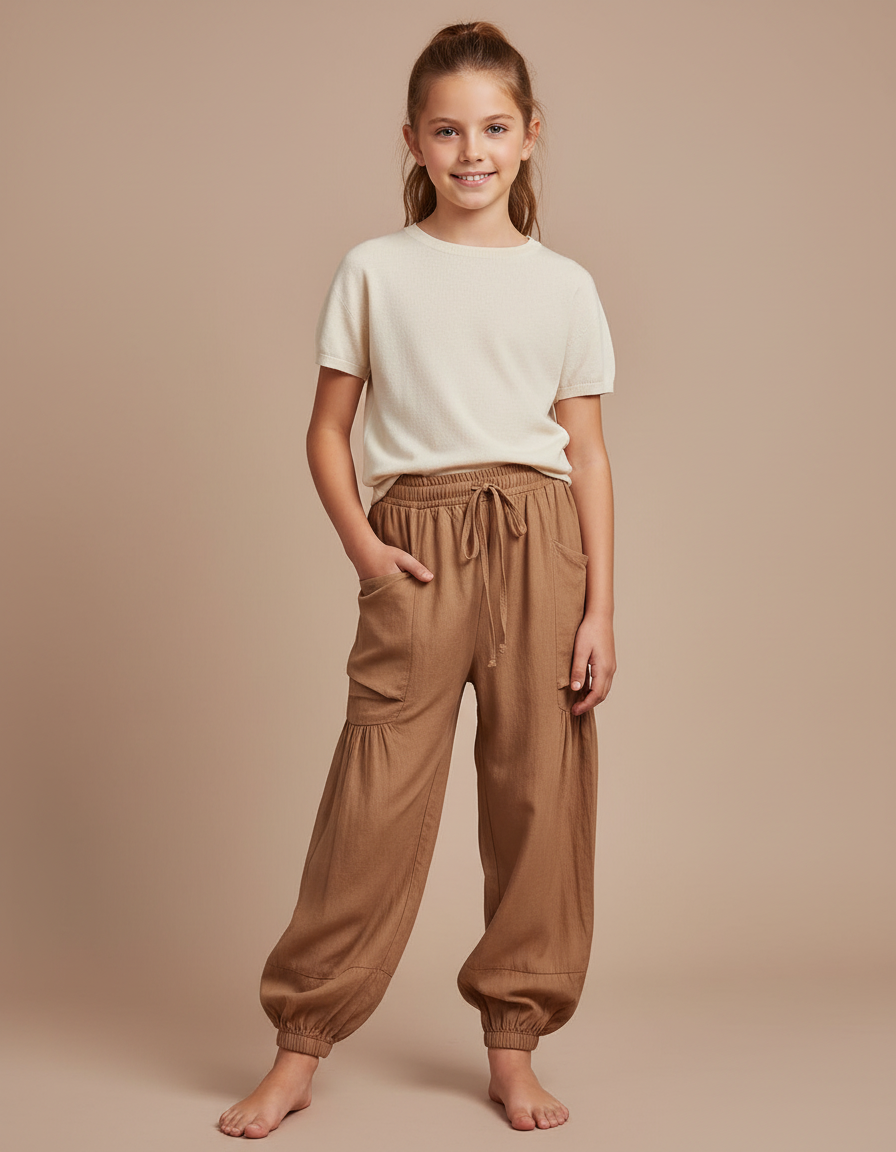 Pantalon Parachute Marron Ample Coton Enfant Décontracté - Lin