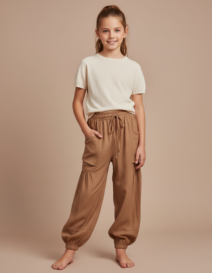 Pantalon Parachute Marron Ample Coton Enfant Décontracté - Lin