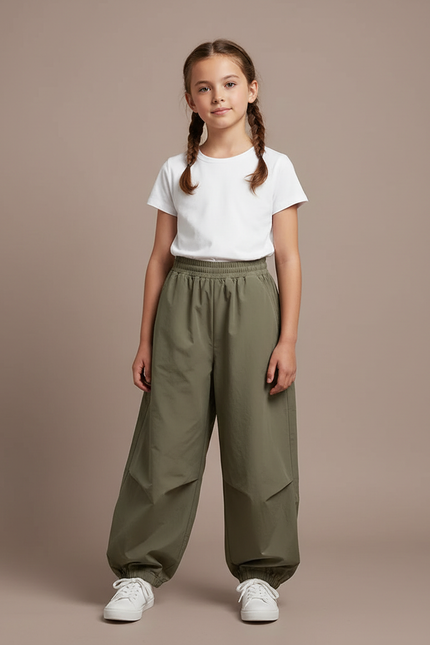 Pantalon Parachute Vert Ample Nylon Enfant Décontracté - Kaki Polyester