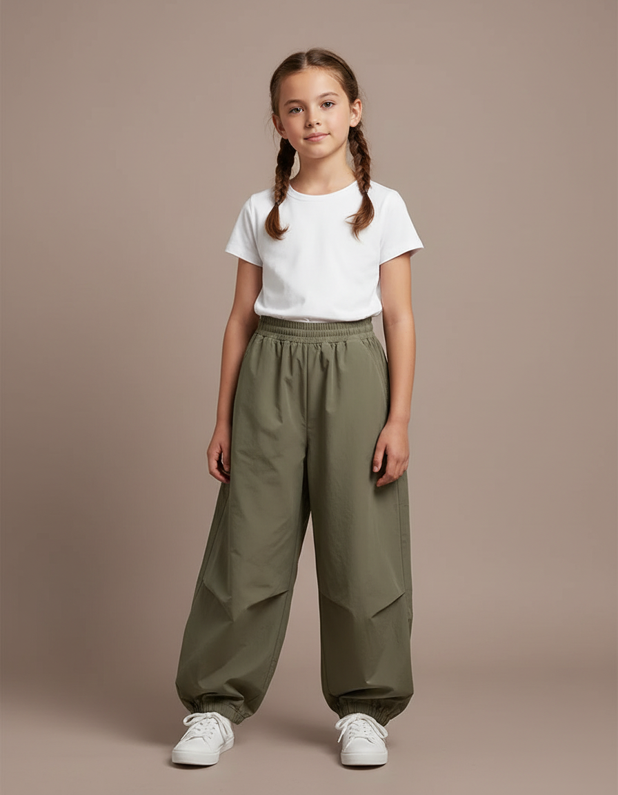 Pantalon Parachute Vert Ample Nylon Enfant Décontracté - Kaki Polyester