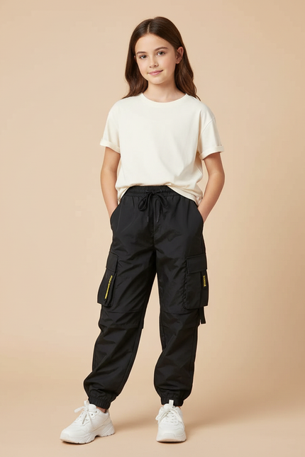Pantalon Parachute Noir Cargo Ample Femme Urbain Décontracté - Polyester