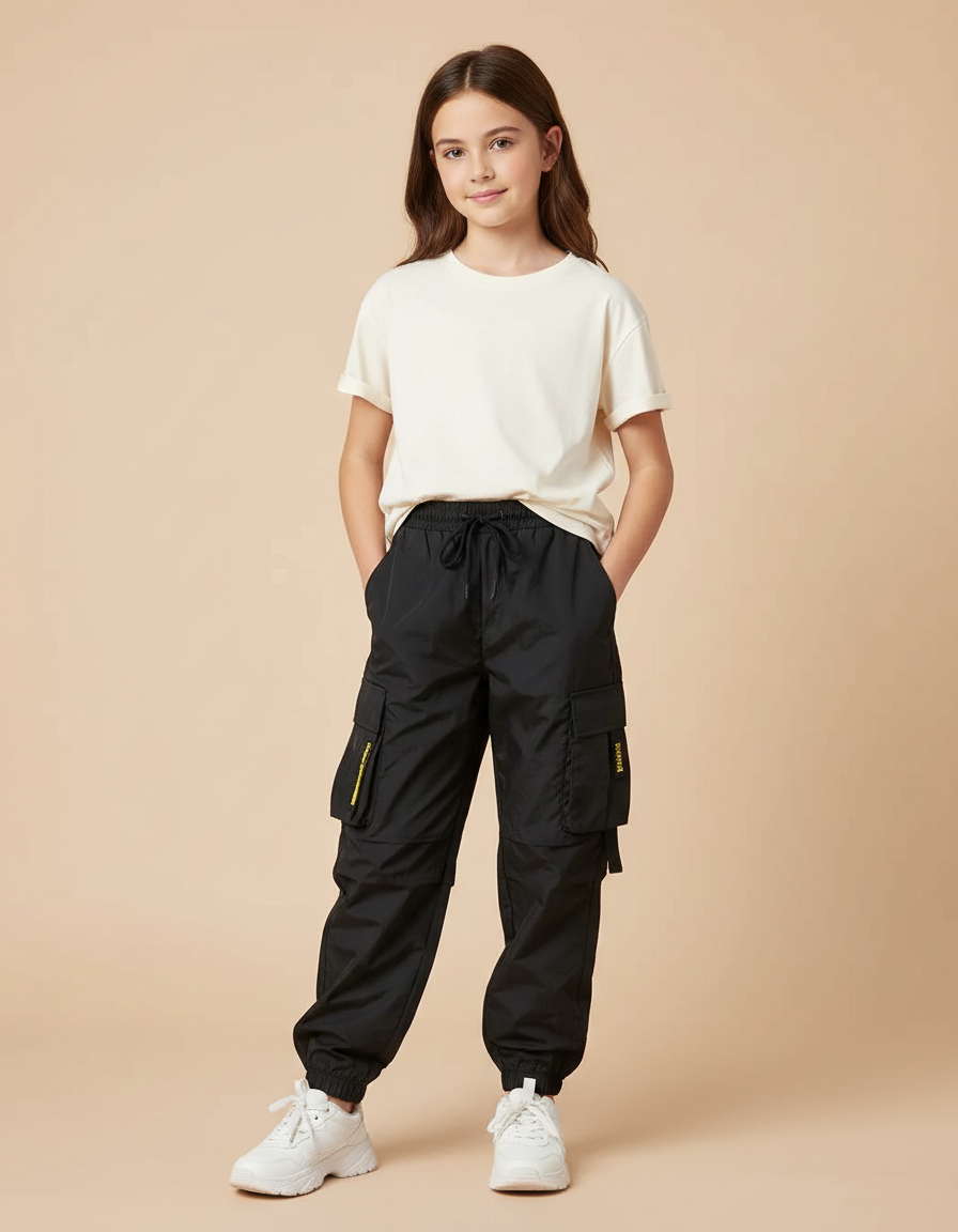 Pantalon Parachute Noir Cargo Ample Femme Urbain Décontracté - Polyester