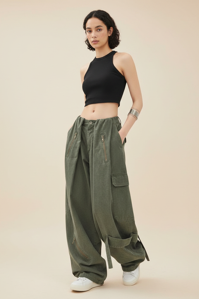 Pantalon Parachute Kaki Ample Cargo Zippé Streetwear - Toile