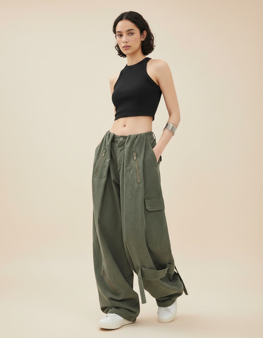 Pantalon Parachute Kaki Ample Cargo Zippé Streetwear - Toile
