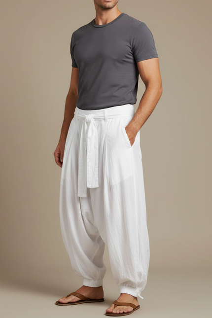 Pantalon Parachute Blanc Ample Lin Homme Décontracté