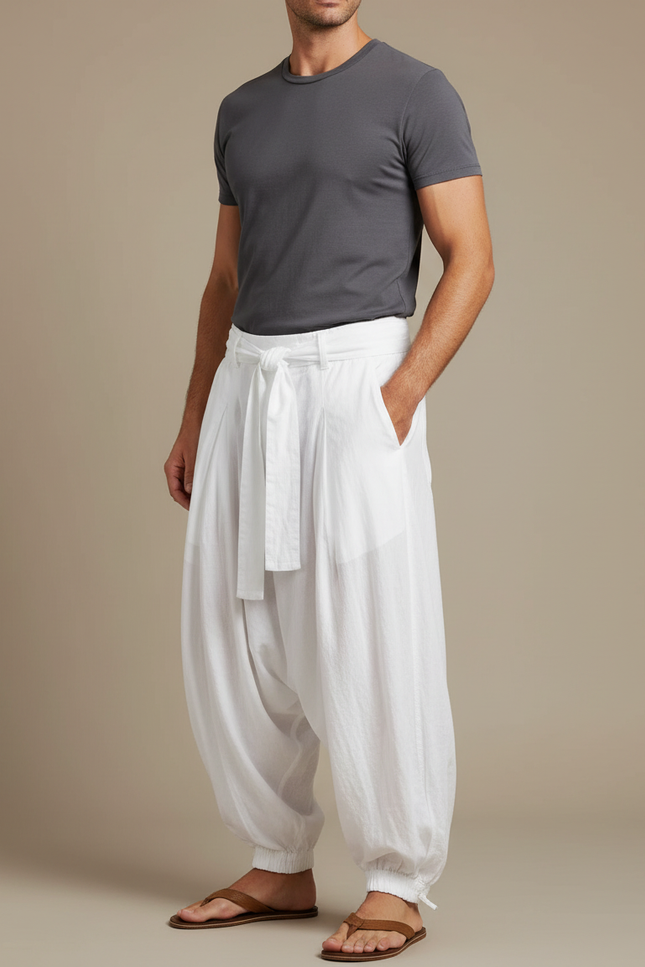 Pantalon Parachute Blanc Ample Lin Homme Décontracté