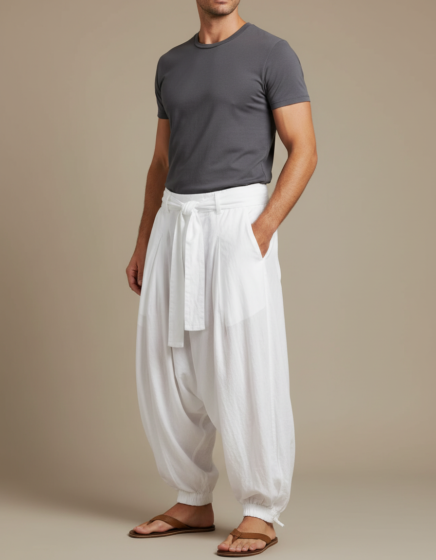 Pantalon Parachute Blanc Ample Lin Homme Décontracté