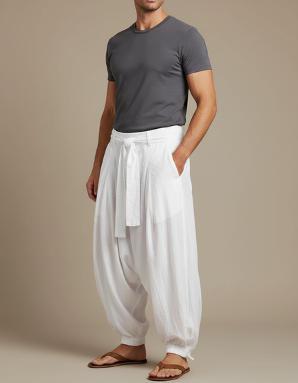 Pantalon Parachute Blanc Ample Lin Homme Décontracté