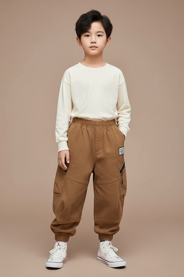Pantalon Parachute Marron Cargo Ample Décontracté Garçon - Toile