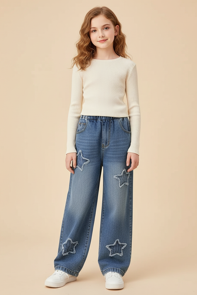 Pantalon Parachute Denim Étoiles Ample Fille Bleu - Jean