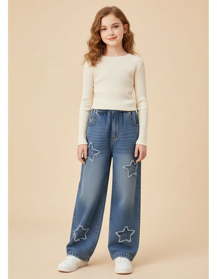 Pantalon Parachute Denim Étoiles Ample Fille Bleu - Jean