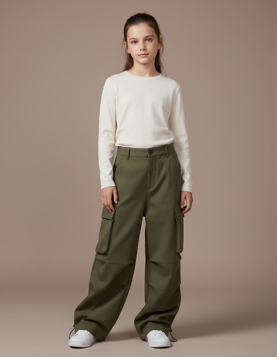 Pantalon Parachute Kaki Cargo Ample Enfant Décontracté - Molleton