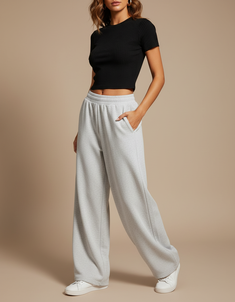 Pantalon Parachute Gris Ample Confortable Élastique Femme - Molleton